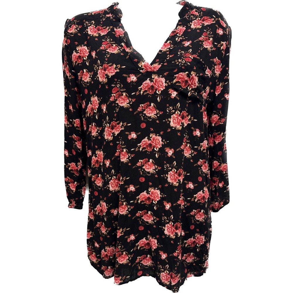 Women's Rue 21 Black Pink Floral 3/4 Sleeve Lightweight V-Neck Top Size M